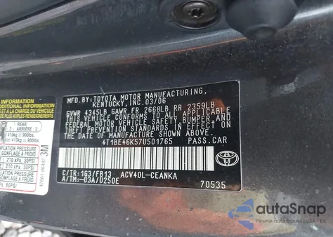 2007 Toyota Camry Le из США, поврежденный, VIN 4T1BE46K57U501765